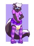  anthro biped black_nose clothed clothing crossdressing diaper embarrassed fur girly hair igiarin legwear looking_at_viewer male mammal mephitid myoti shirt simple_background skirt skunk thigh_highs urine watersports wet_diaper wetting 