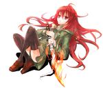  alastor_(shakugan_no_shana) bad_id bad_pixiv_id crossed_legs fire jewelry long_hair lying n_hito pendant red_eyes red_hair school_uniform serafuku shakugan_no_shana shana sitting sword thighhighs weapon 