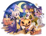  ahoge bat blonde_hair blue_eyes boots braid candle candy cape chkuyomi cloud crescent_moon dress food frills gathers halloween hat headband jack-o'-lantern lollipop long_hair looking_at_viewer moon multiple_girls nayatrei night night_sky pumpkin purple_eyes single_braid sitting sky smile star_(sky) starry_moon tales_weaver tichiel_juspian wariza white_hair witch_hat 