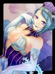  bare_shoulders blue_hair blue_rose_(tiger_&amp;_bunny) breasts cleavage crystal_earrings earrings elbow_gloves gloves hap_sunnyday hat jewelry karina_lyle lipstick makeup medium_breasts purple_eyes short_hair solo superhero tiger_&amp;_bunny 