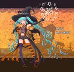  amiesdeli aqua_eyes aqua_hair elbow_gloves gloves halloween happy_halloween hat hatsune_miku highres long_hair mismatched_legwear navel open_mouth orange_background shoes shorts smile solo spring_onion striped striped_legwear thighhighs twintails very_long_hair vocaloid witch_hat 
