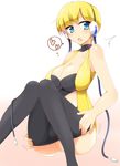  absurdres bad_id bad_pixiv_id black_legwear blonde_hair blue_eyes blush breasts cleavage gym_leader headphones heart highres huge_breasts kamitsure_(pokemon) legs legs_up open_mouth pantyhose pokemon pokemon_(game) pokemon_bw short_hair simple_background solo sweat thighs undressing wedge white_background 