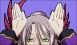  1girl arms_up code_geass elina_(pixiv8573) elina_kuroe_no_daarin female green_eyes guinevere_su_britannia long_hair lowres nail_polish purple_hair simple_background solo 