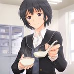  amagami black_hair black_jacket bowl brown_eyes feeding gebo infirmary jacket kibito_high_school_uniform long_sleeves nanasaki_ai pov_feeding school_uniform short_hair smile solo spoon steam 