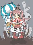  1girl chibi crown emita ghost heart highres kumacy long_hair o_o one_piece pantyhose perona pink_hair scar skirt stitches striped striped_legwear twintails very_long_hair zombie 