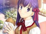  fate/hollow_ataraxia fate/stay_night fate_(series) food game_cg homurahara_academy_uniform matou_sakura purple_eyes purple_hair ribbon school_uniform smile solo takeuchi_takashi 