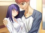  1girl bangs closed_eyes emiya_shirou fate/stay_night fate_(series) game_cg matou_sakura raglan_sleeves takeuchi_takashi 