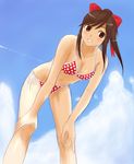  bent_over bikini brown_eyes brown_hair kusaka_maichi long_hair love_plus polka_dot polka_dot_bikini polka_dot_swimsuit ponytail solo swimsuit takane_manaka 