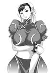  bracelet breasts bun_cover china_dress chinese_clothes chun-li double_bun dress greyscale jewelry kokuryuugan large_breasts monochrome pantyhose pelvic_curtain sash solo spiked_bracelet spikes street_fighter wide_hips 
