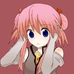  alternate_hairstyle artist_request bare_shoulders blue_eyes elbow_gloves gloves hair_bun hair_ribbon pink_background pink_hair presea_combatir ribbon solo tales_of_(series) tales_of_symphonia 