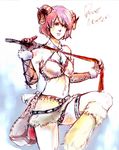  1girl bare_shoulders beastmaster female final_fantasy final_fantasy_v gloves horns jewelry lenna_charlotte_tycoon midriff miniskirt necklace neun9 pink_hair short_hair skirt solo whip white_background 