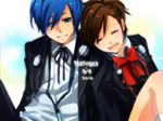  1girl bad_id bad_pixiv_id blue_eyes blue_hair bow brown_hair closed_eyes couple female_protagonist_(persona_3) headphones hetero nichika open_mouth persona persona_3 persona_3_portable school_uniform smile yuuki_makoto 