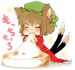  animal_ears bad_id bad_pixiv_id brown_hair cat_ears cat_tail chen chibi closed_eyes earrings food hat highres jewelry kochouran mochi multiple_tails solo tail touhou wagashi 