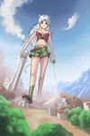  animal_ears belt blue_hair braid bustier cat_ears destruction full_body giantess highres legs lingerie no_socks original pogojo sandals skirt smile solo standing sword tail toes tower twin_braids underwear weapon white_hair 