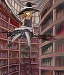  apron bad_id bad_pixiv_id blonde_hair blue_eyes book bookshelf braid broom broom_riding dress hat kirisame_marisa library shoes short_hair sidesaddle solo touhou voile witch_hat youmak 