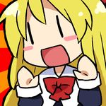  :d blonde_hair blush_stickers chibi macedonian_flag open_mouth ribbon shanghai_doll smile solo sunburst touhou yamabuki_(yusuraume) |_| 