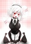  alternate_costume animal_ears black_legwear blush braid collar dog_ears fangs highres izayoi_sakuya kemonomimi_mode kneeling leash maeda_kousuke maid_headdress open_mouth red_eyes solo thighhighs tongue touhou twin_braids white_hair wrist_cuffs zettai_ryouiki 