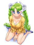  breasts cleavage doll_joints drill_hair green_hair kneeling large_breasts long_hair original solo symbol-shaped_pupils ueyama_michirou 