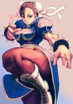  bracelet brown_eyes brown_hair bun_cover china_dress chinese_clothes chun-li double_bun dress eyeshadow highres jewelry kicking makeup pantyhose pelvic_curtain sash solo spiked_bracelet spikes street_fighter taka-san 