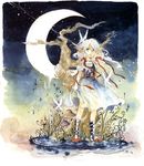  animal_ears blue_eyes boots bug butterfly crescent_moon dress fantasy hair_ribbon highres insect long_hair moon mushroom night open_mouth original plant ribbon solo traditional_media tree water watercolor_(medium) white_hair yoki_(artist) 