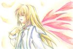  blonde_hair colette_brunel collet_brunel eyes_closed female gradient gradient_background open_mouth solo tales_of_(series) tales_of_symphonia wings 