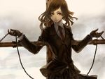  androgynous bad_id bad_pixiv_id black_gloves blazer brown_hair chain comin cross formal gloves jacket necktie original pleated_skirt red_eyes skirt skirt_suit smile solo suit 