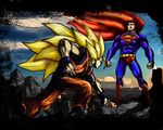  artist_request battle black_hair blonde_hair cape clothes_writing crossover dc_comics dragon_ball dragon_ball_z duel epic long_hair male_focus manly multiple_boys muscle son_gokuu super_saiyan superman superman_(series) 