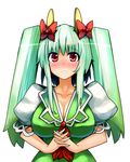  alternate_hairstyle bad_id bad_pixiv_id blush breasts cleavage ex-keine gradient_hair horn_ribbon horns kamishirasawa_keine large_breasts long_hair multicolored_hair nanban_teishoku red_eyes ribbon solo touhou twintails 