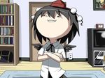  black_hair hat jpeg_artifacts kimeemaru pageratta shameimaru_aya solo television tokin_hat touhou troll_face wings yukkuri_shiteitte_ne 