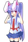  1girl alternate_hairstyle animal_ears belt bunny_ears bunny_tail extra_ears long_hair mouth_hold necktie ponytail purple_hair red_eyes red_neckwear reisen_udongein_inaba solo tail thighhighs touhou very_long_hair zettai_ryouiki 