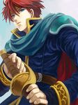  blue_eyes cape eliwood_(fire_emblem) fire_emblem fire_emblem:_rekka_no_ken from_below kaito_(sawayakasawaday) male_focus ready_to_draw red_hair sheath sheathed solo sword weapon 