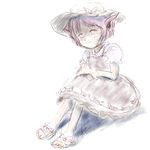  animal_ears bad_id bad_pixiv_id dress hat mystia_lorelei sandals saraband short_hair short_sleeves sitting sketch smile solo touhou white white_background 