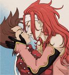  2boys brown_hair eyes_closed kiss lloyd_irving long_hair male male_focus multiple_boys red_hair redhead short_hair simple_background tales_of_(series) tales_of_symphonia yaoi zelos_wilder 