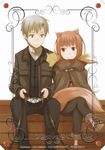  1girl absurdres animal_ears ayakura_juu black_eyes brown_hair couple craft_lawrence fox hetero highres holo long_hair official_art poncho pouch red_eyes scan short_hair silver_hair sitting smile spice_and_wolf tail wolf_ears wolf_tail 