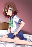  androgynous baka_to_test_to_shoukanjuu barefoot bed blush brown_hair crossdressing green_eyes hair_ornament hairclip kinoshita_hideyoshi male_focus otoko_no_ko panties school_uniform serafuku sitting skirt skirt_lift smile solo underwear youkan 