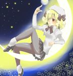  blonde_hair brown_eyes crescent_moon drill_hair hat hat_ribbon luna_child moon night pantyhose ribbon ringo1201 short_hair skirt sky solo star star_(sky) starry_sky touhou 