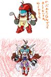  before_and_after goddess gundam gundam_00 highres housewife ladle mecha parody reborns_cannon reborns_gundam 