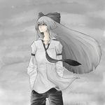  bad_id bad_pixiv_id formal fujiwara_no_mokou grey hirakichi long_hair long_sleeves looking_up necktie red_eyes shirt silver_hair solo touhou white_shirt wind 