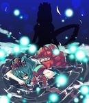  bad_id bad_pixiv_id bow dress front_ponytail green_eyes green_hair hair_ribbon kagiyama_hina long_hair lying on_stomach ribbon solo toono_yayoi touhou water 