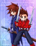  age_difference brown_eyes family father_and_son kratos_aurion lloyd_irving short_hair simple_background sword tales_of_(series) tales_of_symphonia weapon 