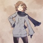  black_scarf brown_hair coat gloves green_eyes hand_on_hip original painpa pantyhose scarf short_hair solo winter_clothes winter_coat 