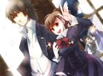  aragaki_shinjirou bow brown_hair couple female_protagonist_(persona_3) iori_junpei open_mouth persona persona_3 school_uniform smile sorakara waving yamagishi_fuuka 