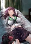  anger_vein bed bow breasts closed_eyes collarbone curtains day eyebrows_visible_through_hair hair_bow indoors large_breasts lying multiple_girls on_back original pillow pleated_skirt ponytail red_bow school_uniform serafuku skirt sleeping solo_focus tousen window 