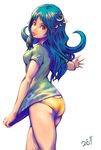  2c blue_eyes blue_hair bottomless highres lips long_hair original solo 