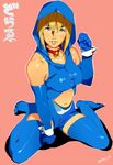  bare_shoulders bell bell_collar blonde_hair blue_eyes blue_legwear collar doraemon doraemon_(character) elbow_gloves gloves hood midriff orushibu personification short_hair sitting smile solo thighhighs wariza 