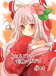  blush bow fujiwara_no_mokou hair_bow hair_ornament hairpin long_hair long_sleeves looking_at_viewer silver_hair solo squiggle touhou translated very_long_hair zawameki 