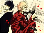  2boys alternate_hairstyle aqua_eyes back-to-back belt black_hair blonde_hair blood cigarette coat cross earrings formal gun handgun jewelry long_coat male male_focus multiple_boys nicholas_d_wolfwood petals red_coat red_jacket revolver sitting smoke smoking suit trigun vash_the_stampede weapon 