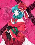  bad_id bad_pixiv_id bow breasts cleavage flower front_ponytail green_eyes green_hair hair_bow hair_flower hair_ornament hair_ribbon highres japanese_clothes kagiyama_hina kimono medium_breasts nail_polish pink_nails red_flower red_rose ribbon rose shino_(mijinko) short_hair solo touhou 