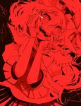  black_background crazy_eyes fangs flandre_scarlet hands_on_own_face hat head_tilt monochrome red shirako_mugi simple_background smile solo touhou 