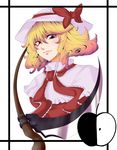  apple bad_id bad_pixiv_id blonde_hair brown_eyes elly food fruit hat midoridama ribbon scythe short_hair solo touhou touhou_(pc-98) 